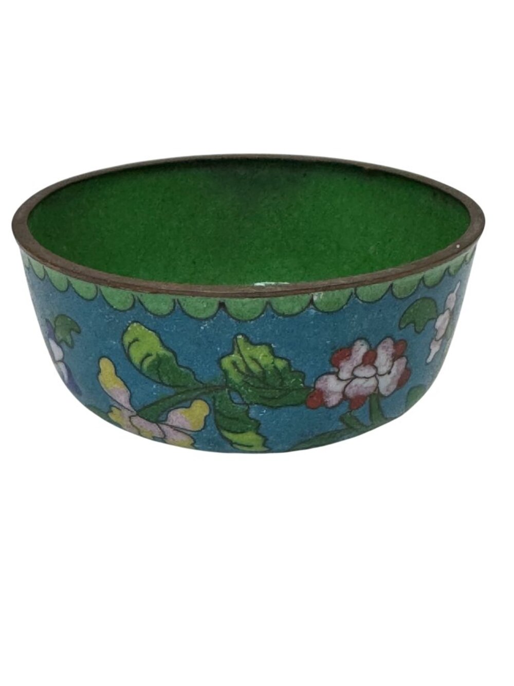 Vintage Cloisonné Floral Enameled Bowl Noodle Green 3” Jewelry Ring Storage